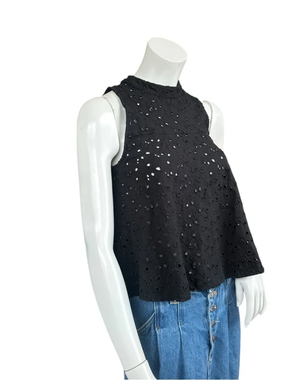 Free People Cupcake Mali Black See Through Eyelet Cropped High Neck Tank XS